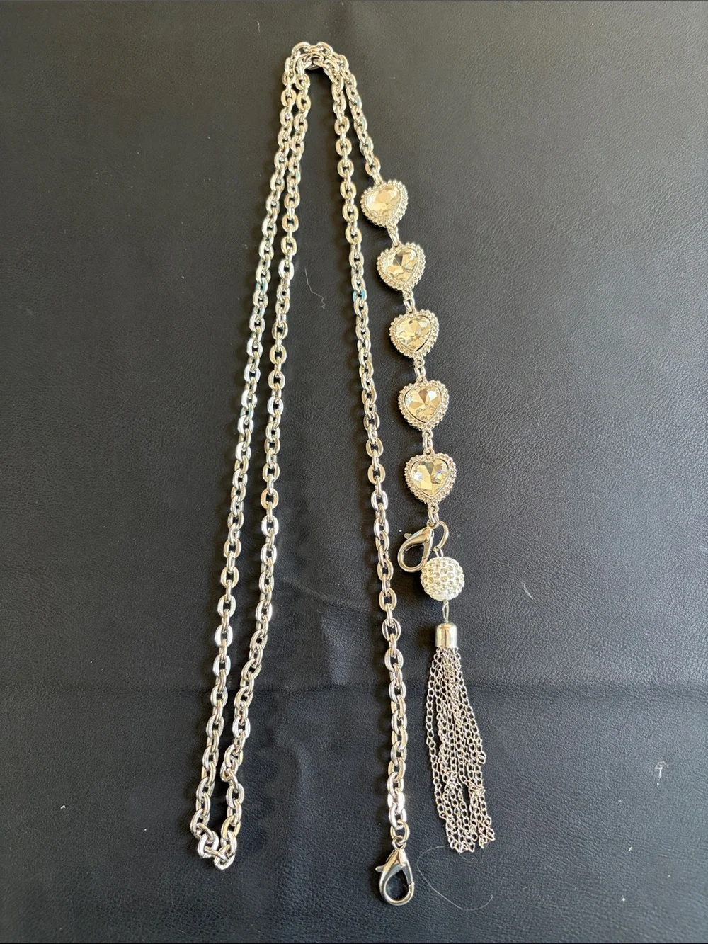 Silver Tone Crystal Heart Tassel Chain Belt Long Necklace Y2K